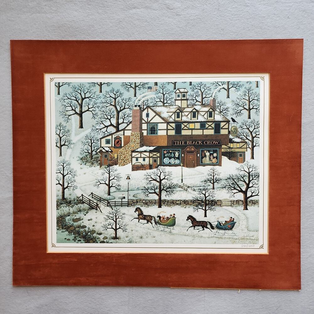 Charles Wysocki EVENING SLED RIDE Numbered Print 14x17 Flocked Mat Sleigh